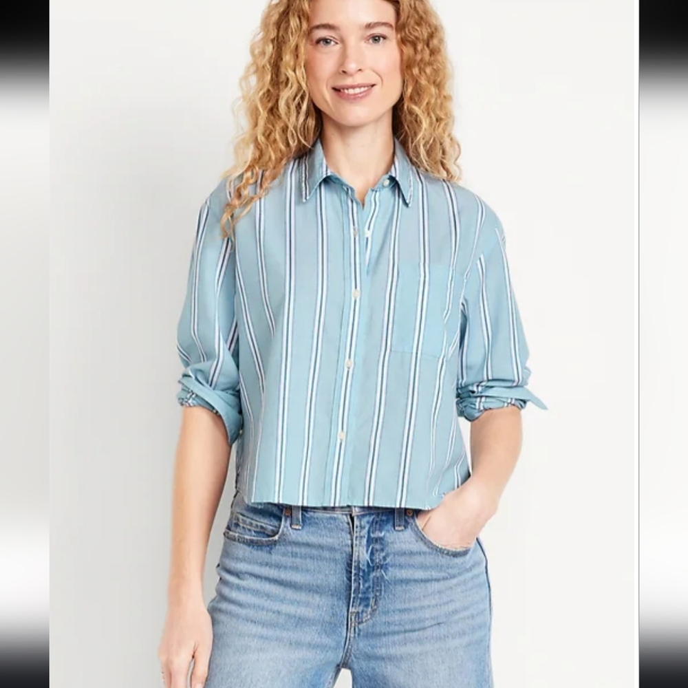 Old Navy Cropped Button-Up Shirt Blue White Stripe Cotton L